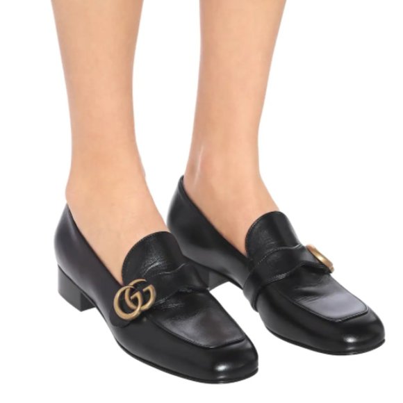 GUCCI Women's Black Leather Loafers Marmot Double G Logo Blogger Favorite 37